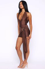 Leaving Paradise Wrap Mini Dress Chocolate