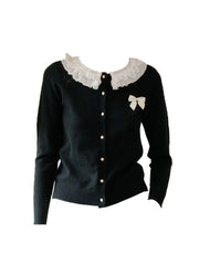 Ruby Lace Lapel Contrasting Bow Cardigan