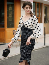 Saanvi Elegant Square Neck Polka Dot Stitching Balloon Sleeve Dress
