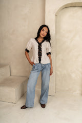 Angie Lace Trim Blouse in Cream