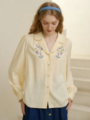 Convallaria Floral Embroidered Light Yellow Puff Top