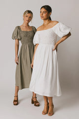Janie Smocked Midi Dress in White