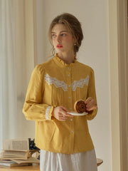 Kitty Wavy Stand Collar Lace Blouse - Yellow