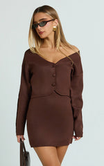 Charisse Two Piece Top and Skirt Set - Knit Cardigan And Mini Skirt in Chocolate