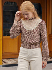 Sofia Maple Leaf Print Lantern Sleeve Lace Contrast Blouse