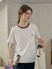 Reya Simple Round Neck Contrasting Embroidery Cotton Top - White