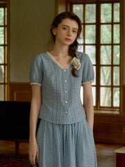 Hallie V-Neck Plaid Cotton Blouse