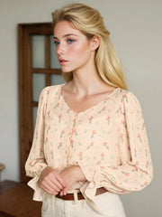 Harlee Retro Wave V-Neck Floral Blouse