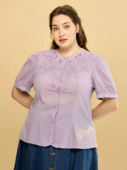 Plus Size Gracie Round Collar Embroidery Blouse-Taro Purple