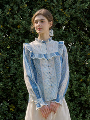 Emmie Trimmed Mock Neck Contrast Lace Floral Print Patchwork Blouse