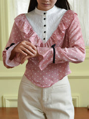 Milana Mock Neck Contrast Lace Bow Trumpet Sleeves Polka Dot Blouse