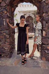 Lane Embroidered Midi Dress in Black