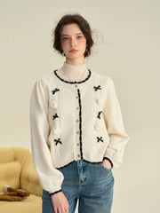 Neriah Round Neck Contrasting 3D Rose Bow Knitted Cardigan
