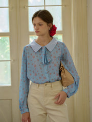Alexis Long Sleeve Patchwork Peter Pan Collar Embroidery Casual Blouse - Blue