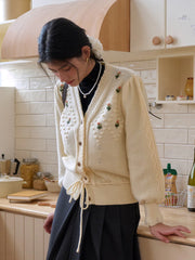 Kira V-Neck Crochet Tie-Waist Wool Sweater