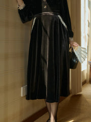 Azari Contrast Lace Paneled Pocket Velvet Skirt