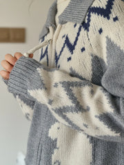 Ailany Notched Collar Fair Isle Double Zipper Wool Cardigan