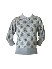 Tamsin Polo Collar Floral Knit Wool Top - Gray