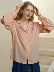 Convallaria Floral Embroidered Orange Puff Top