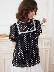 Natasha Polka Dot Print Mock Neck Puff Sleeve Chiffon Blouse