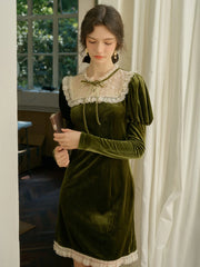 Abigail Lace Collar Patchwork Knee Length Velvet Dress