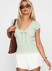 Shirred Top in Sage Check Pattern