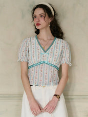 Angel V Neck Bow Lace Contrast Floral Print Striped Puff Sleeve Top