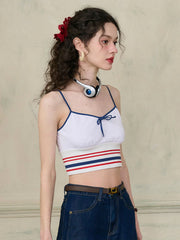 Simple Retro Jessica Small V-neck Contrast Bow Striped Cotton Camisole Top