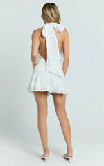 Ivory Mini Backless Halter Dress with Black Polka Dots