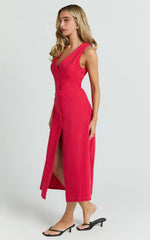 Red Button Through V Neck Midi Dress
