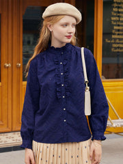 Victoria Ruffle Mandarin Navy Blue Shirt