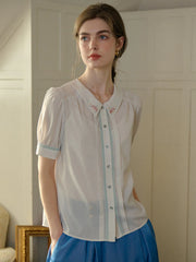 Maia Floral Embroidered Lapel Contrast Lace Puff Sleeve Chiffon Shirt