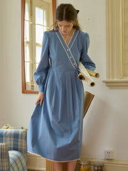 Chandler V-Neck Trimmed Lace-up Contrasting Button Cotton Dress