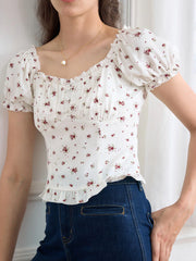 Nia Ditsy Floral Print Ruched Bust Frill Trim Blouse