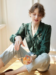 Convallaria Floral Embroidered Green Puff Top