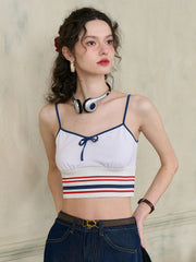 Simple Retro Jessica Small V-neck Contrast Bow Striped Cotton Camisole Top