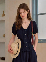 Madelyn V-Neck Lace Linen Top