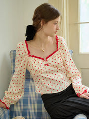 Ashlynn Square Collar Contrasting Polka Dots Bow Blouse
