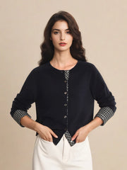 Ariyah Round Neck Plaid 100% Wool Cardigan