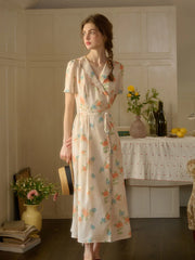 Louisa Ruffle V-Neck Floral Waist Dress - Apricot