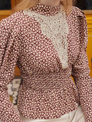Scarlett Maple Leaf Print Waist-Cinching Lace Contrast Blouse