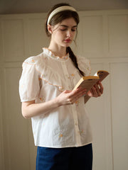 Emmalyn Mock Neck Ruffle Embroidered Cotton Blouse