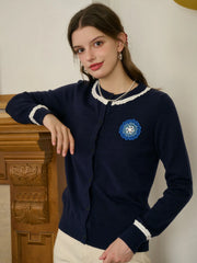 Faye Women's Embroidered Color-Block Round Neck Cardigan