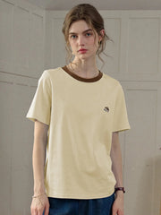 Reya Simple Round Neck Contrasting Embroidery Cotton Top - Yellow