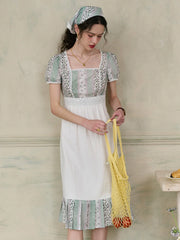 Bria Square Collar Contrasting Trimmed Floral Pleated Dress