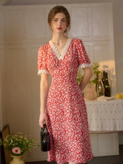 Amelia V-Neck Lace Floral Dress - Red