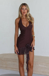 Coastal Sway Halter Mini Dress Chocolate Polka Dot