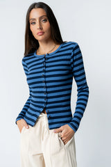 Mia Button Up Top in Striped Navy