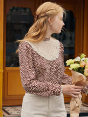 Sofia Maple Leaf Print Lantern Sleeve Lace Contrast Blouse