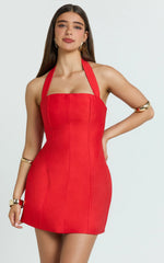 Red Halter Neck Tulip Mini Dress